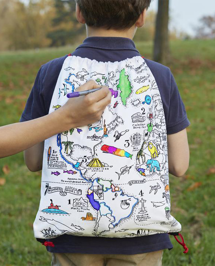 world map backpack - colour in & learn