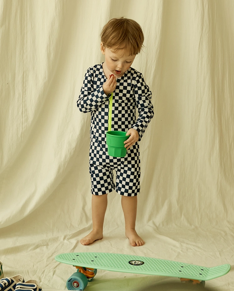 [원모어플레이] 체커보드 패턴 레이서 수트 블루 아기 수영복